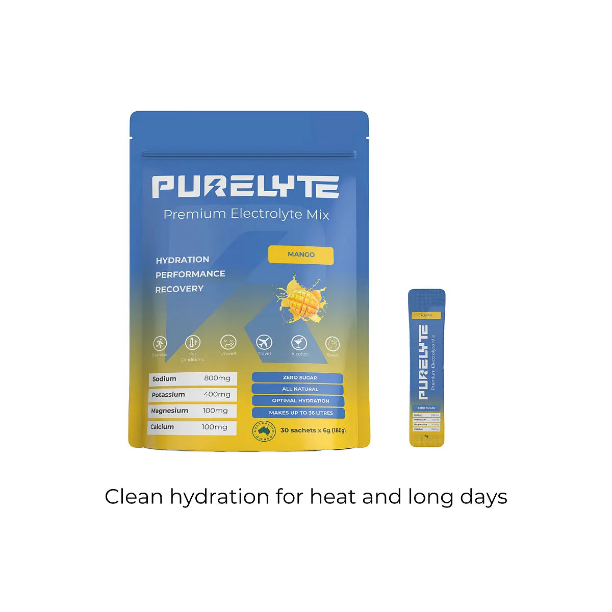 Purelyte premium electrolyte mix package with mango flavour on a white background