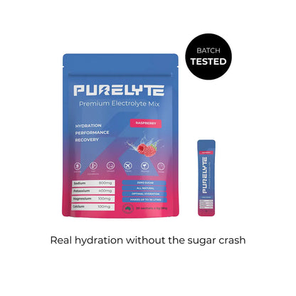 Purelyte premium electrolyte mix package with raspberry flavour on a white background