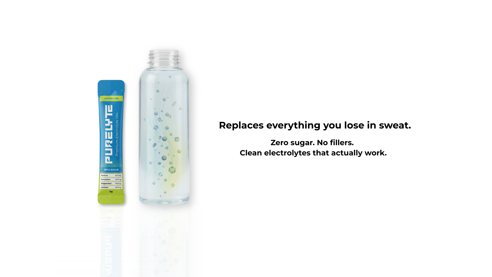 Purelyte replace everything you lose in sweat. A sugar free hydration drink with no fillers. Clean electrolytes that work.