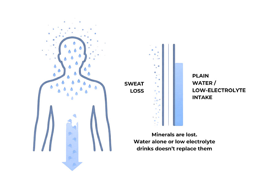 Diagram showing sweat loss and the pit fall of plain water or low-electrolyte intake for hydration.